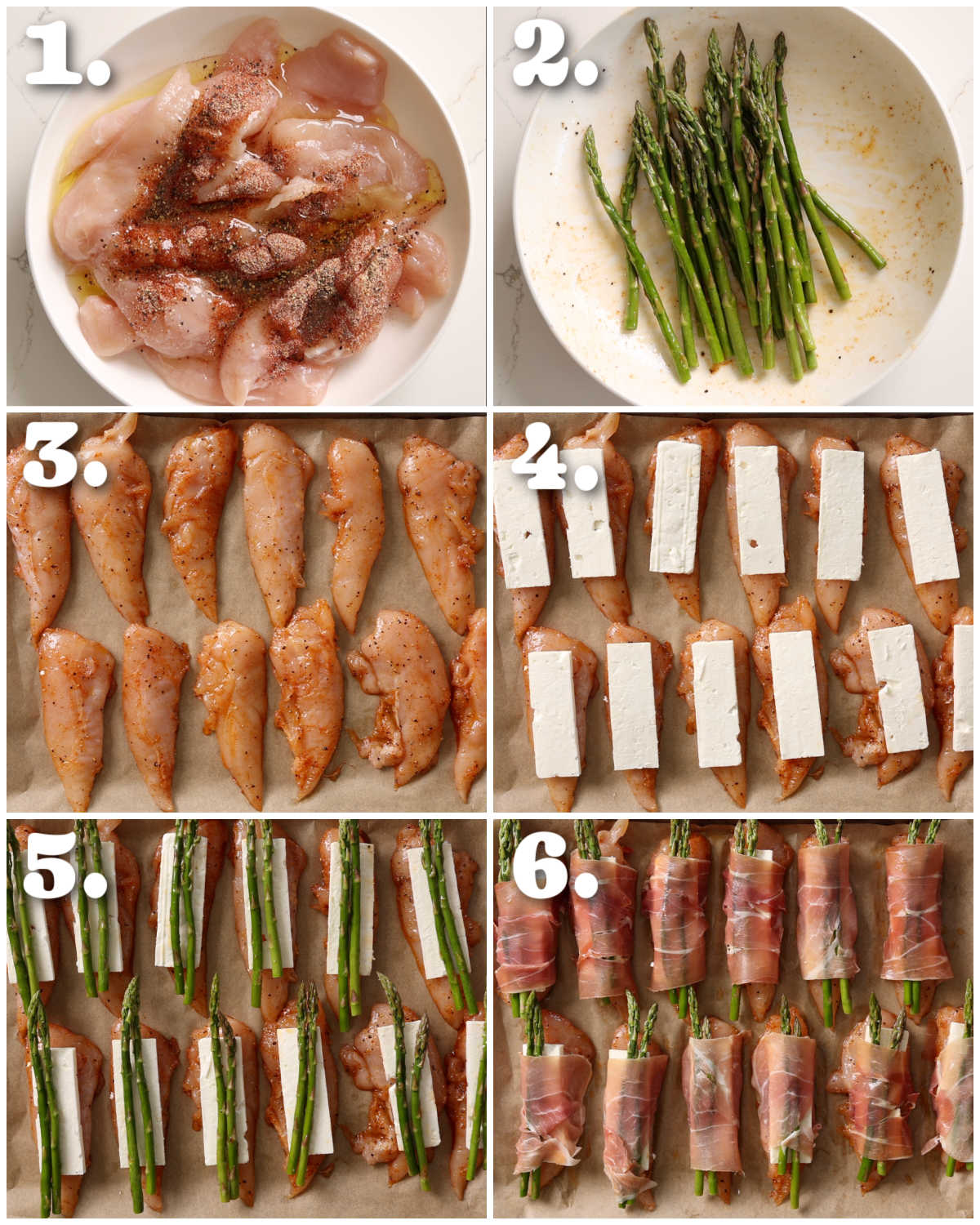 6 step by step photos showing how to make prosciutto wrapped chicken