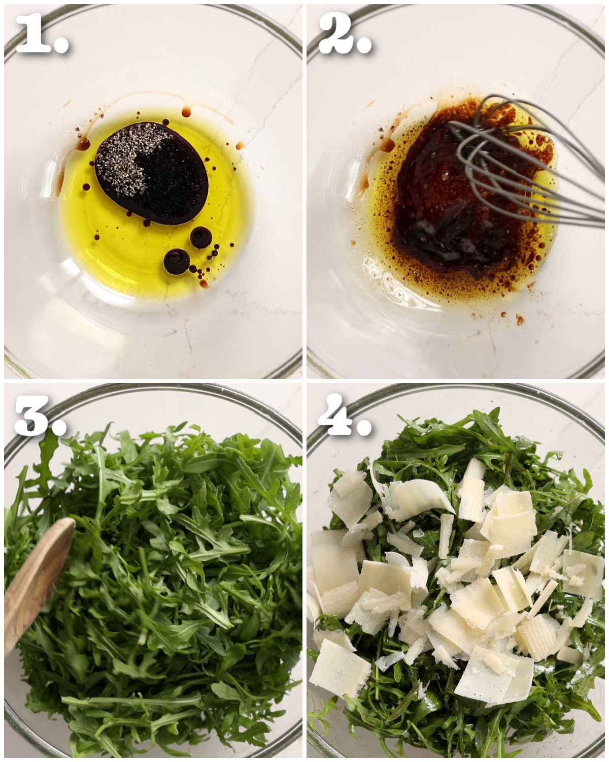 4 step by step photos showing how to make rocket salad