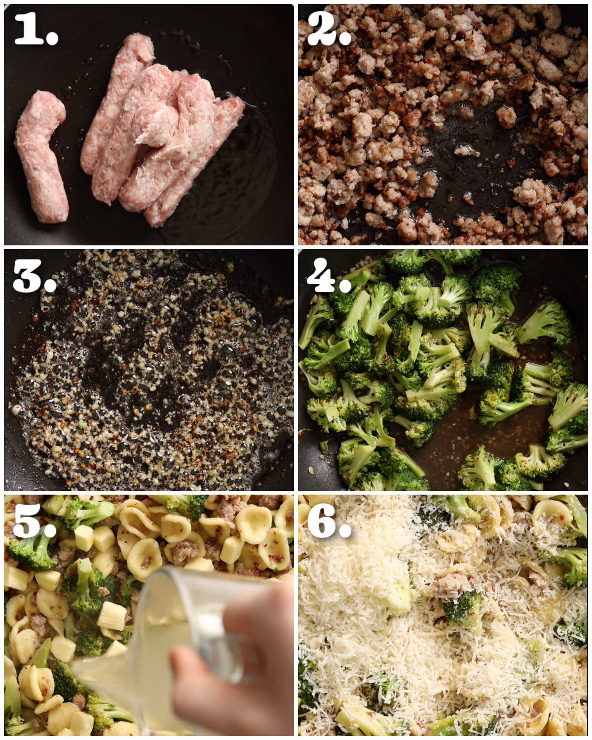 6 step by step photos showing how to make sausage and broccoli pasta