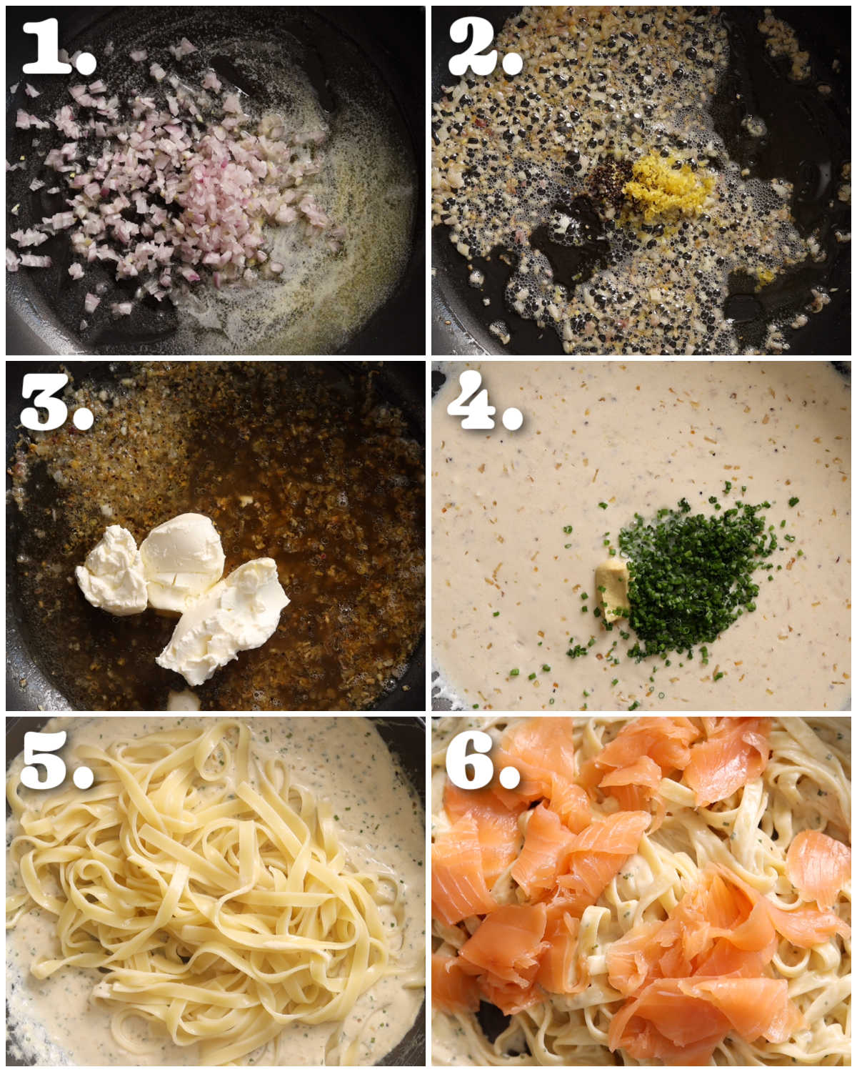 6 step by step photos showing how to make smoked salmon pasta