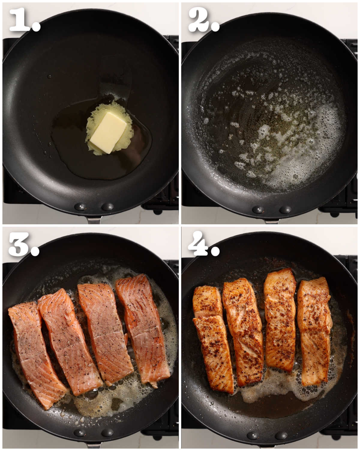 4 step by step photos showing how to pan-fry salmon