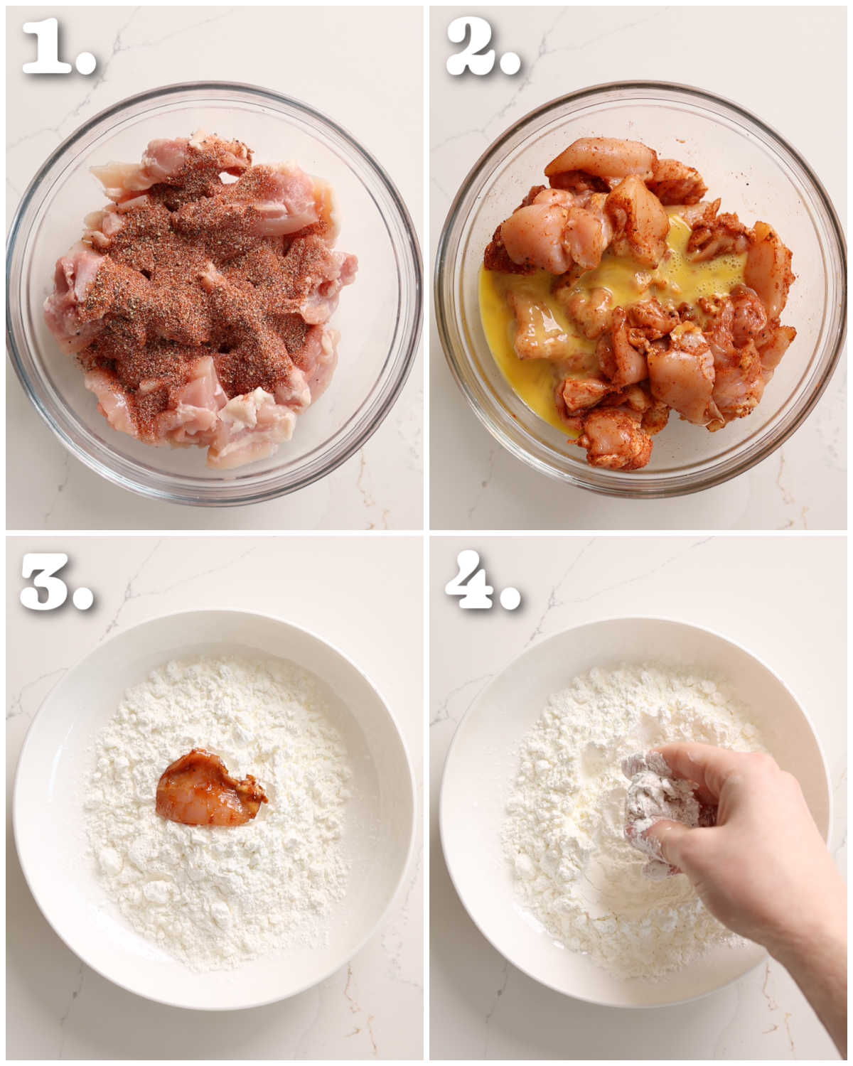 4 step by step photos showing how to prepare bang bang chicken