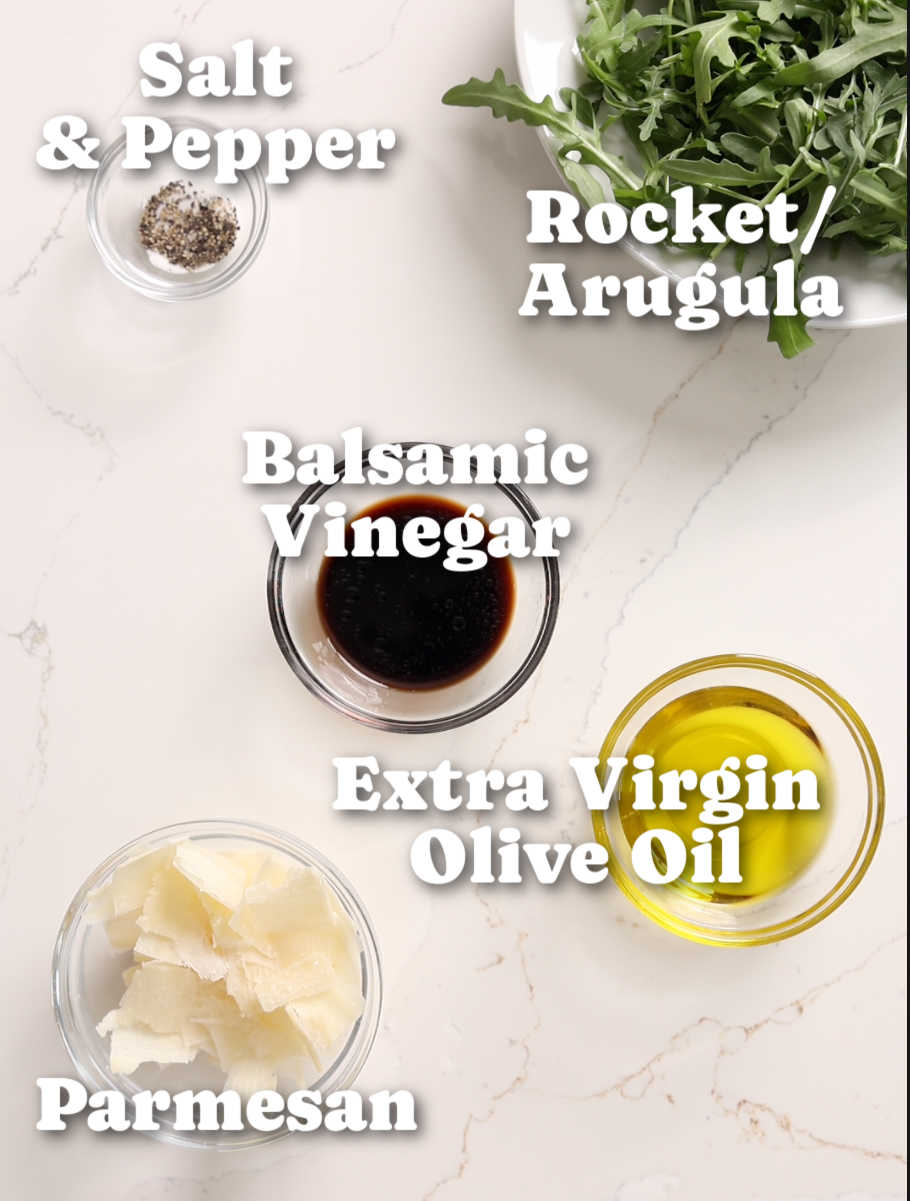 overhead shot of rocket salad ingredients with text labels