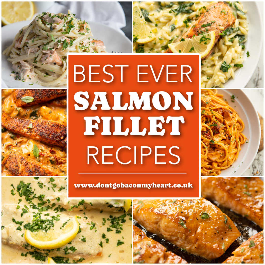 salmon fillet recipes thumbnail with text overlay
