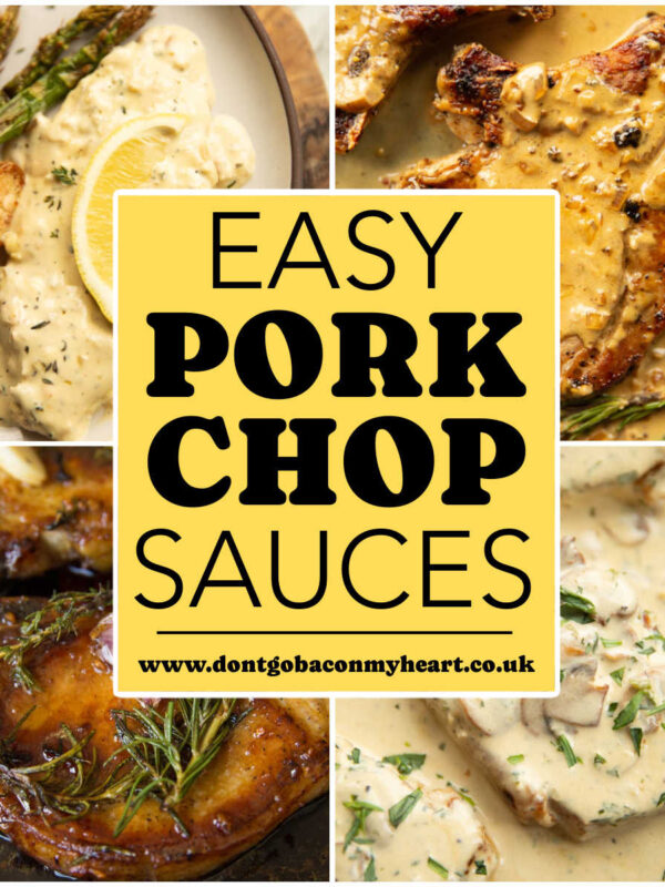 sauces for pork chops collage with text overlay