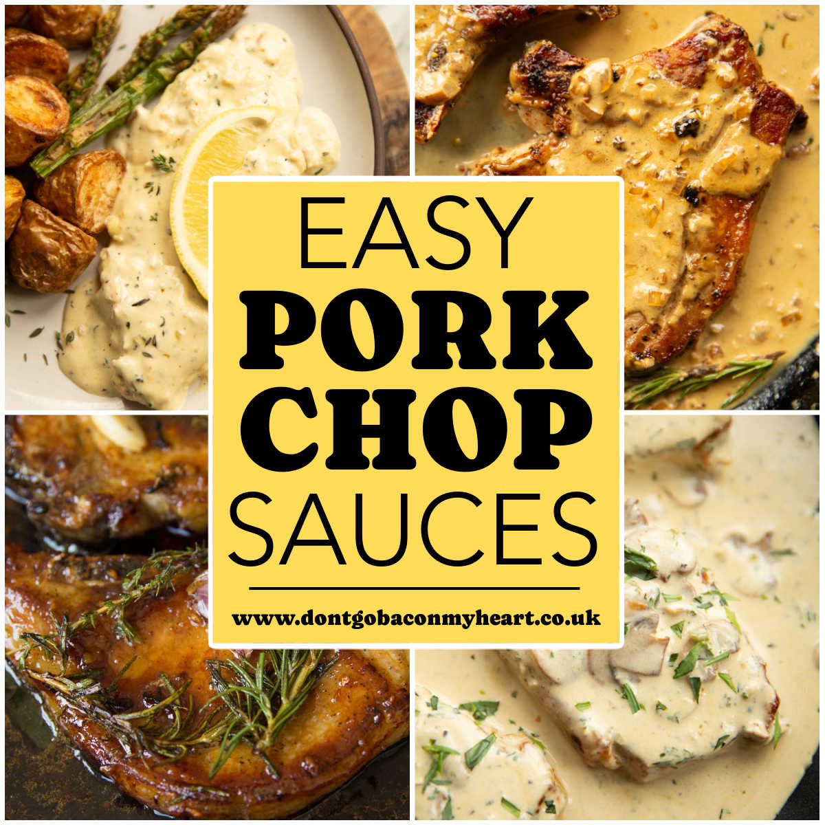 sauces for pork chops collage with text overlay