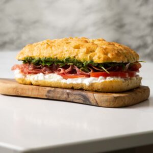 large focaccia sandwich on wooden chopping board on marble island