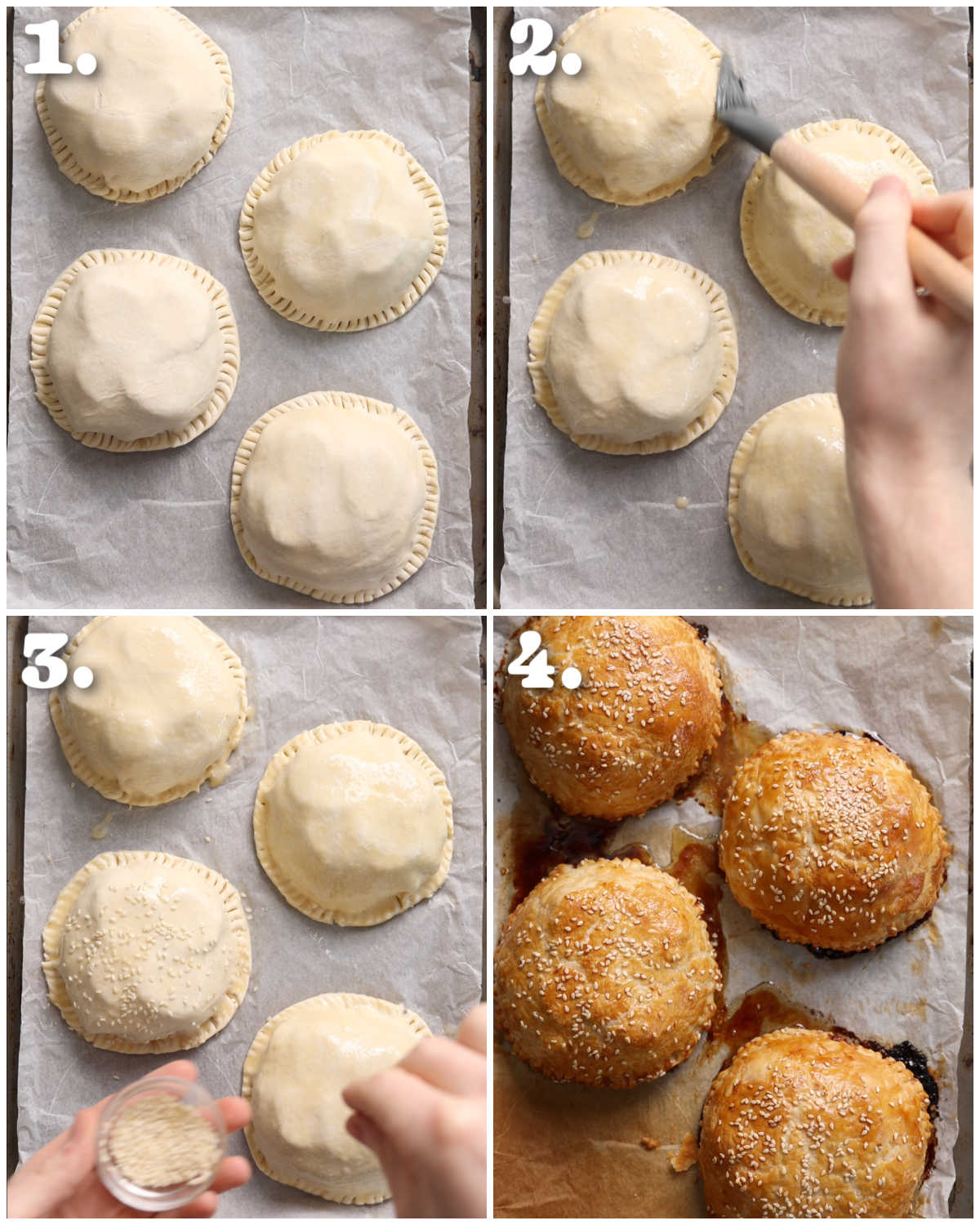 4 step by step photos showing how to cook cheeseburger wellingtons