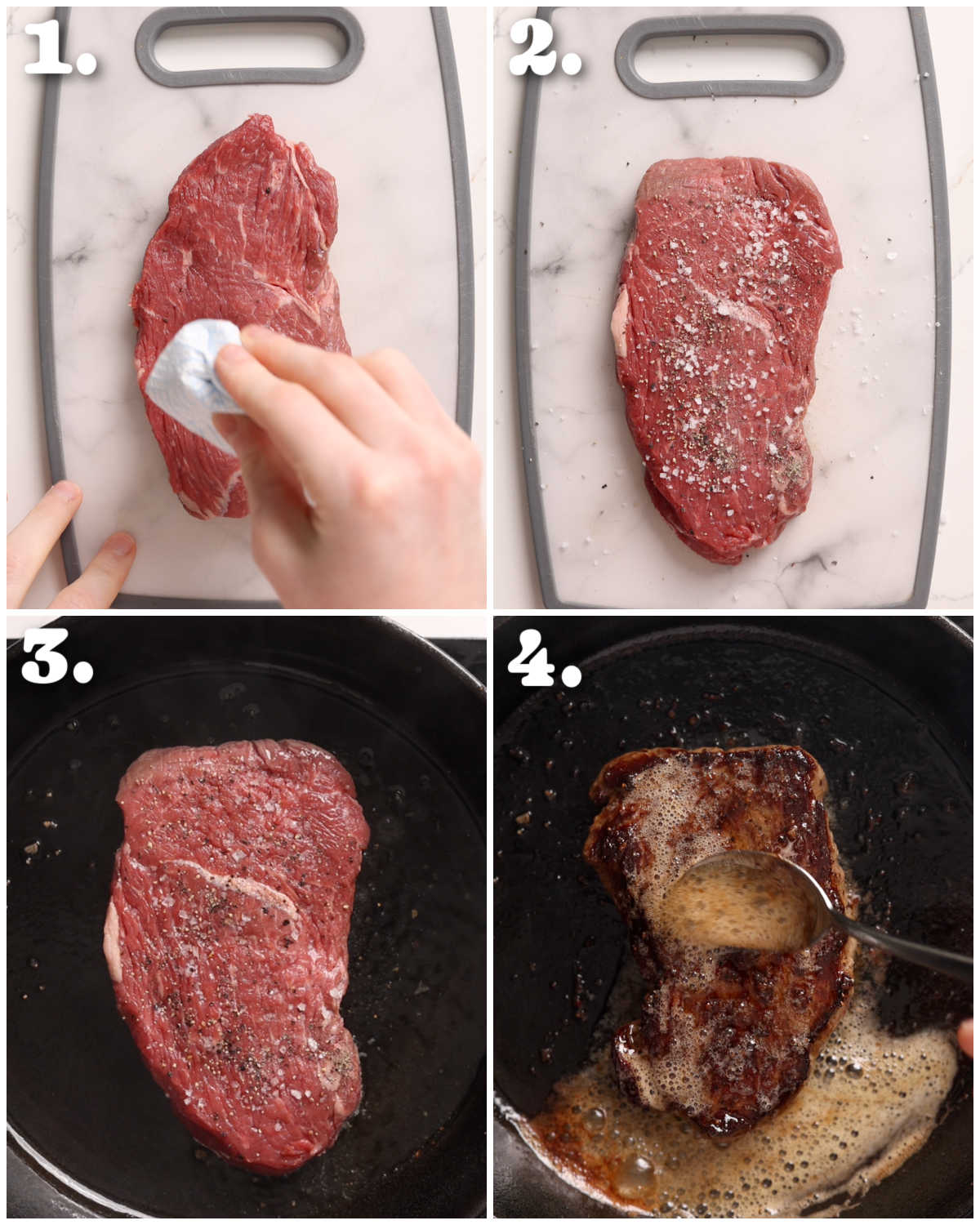 4 step by step photos showing how to fry steak
