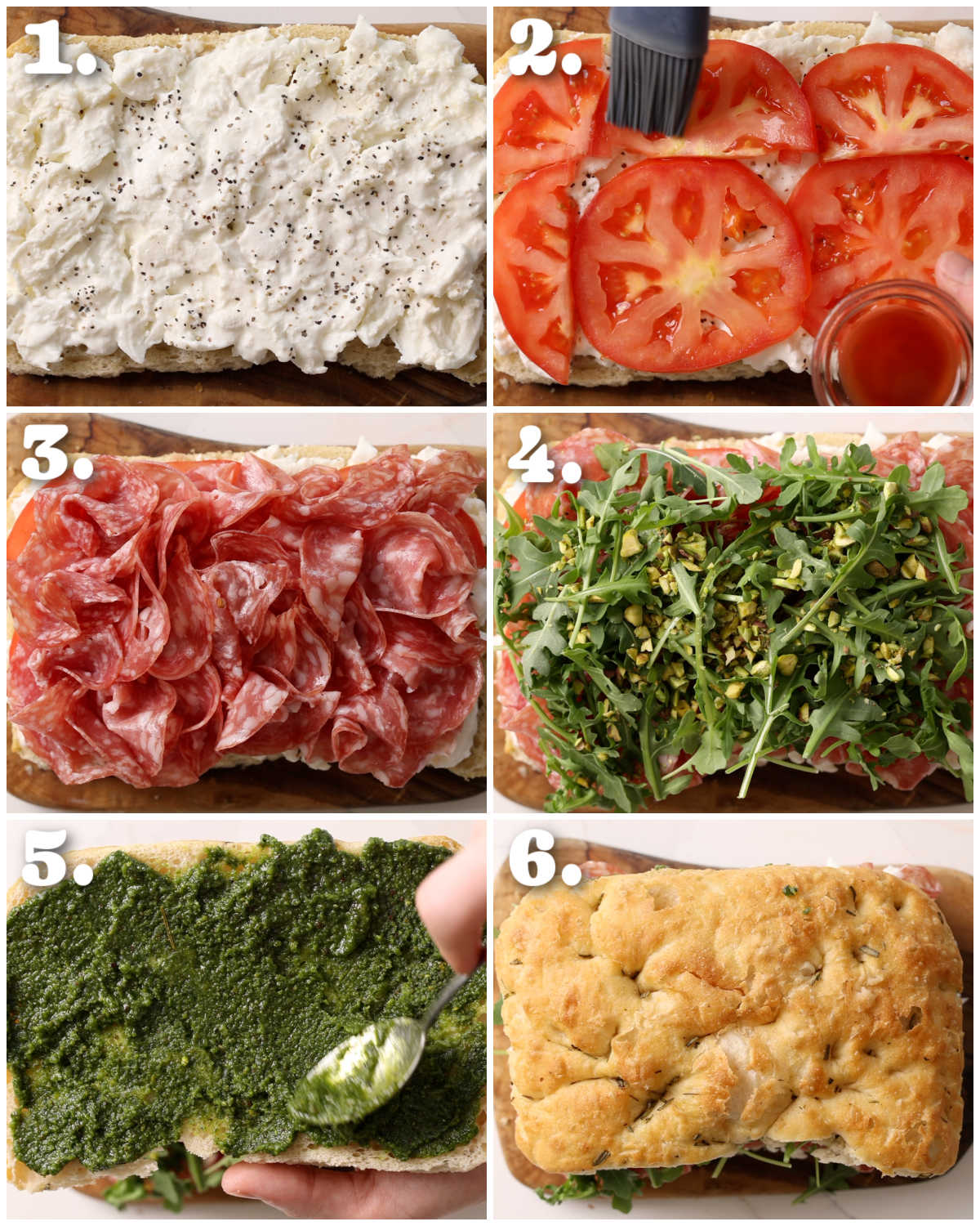 6 step by step photos showing how to make a focaccia sandwich