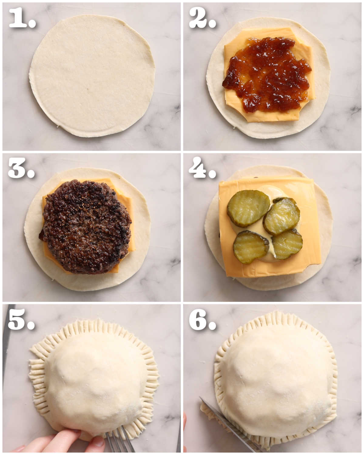 6 step by step photos showing how to make cheeseburger wellingtons