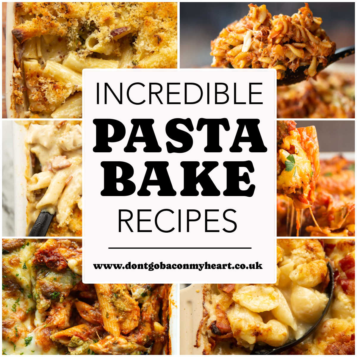 pasta bake recipes thumbnail collage with text overlay