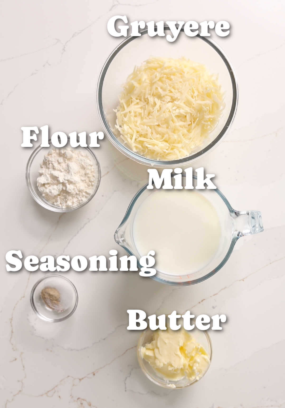 overhead shot of bechamel ingredients with text labels