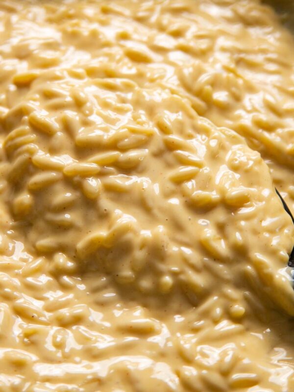 close up of cheesy orzo in pan with serving spoon