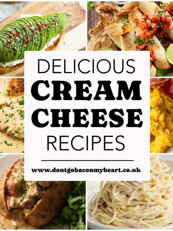 cream cheese recipes collage thumbnail with text overlay