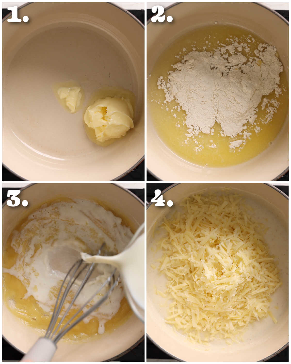 4 step by step photos showing how to make bechamel sauce