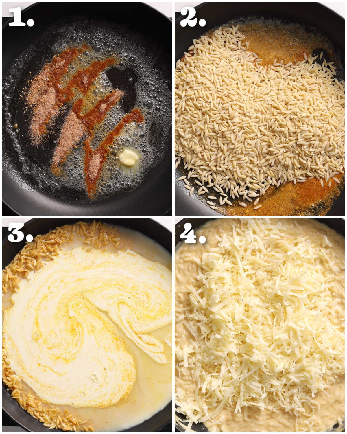 4 step by step photos showing how to make cheesy orzo