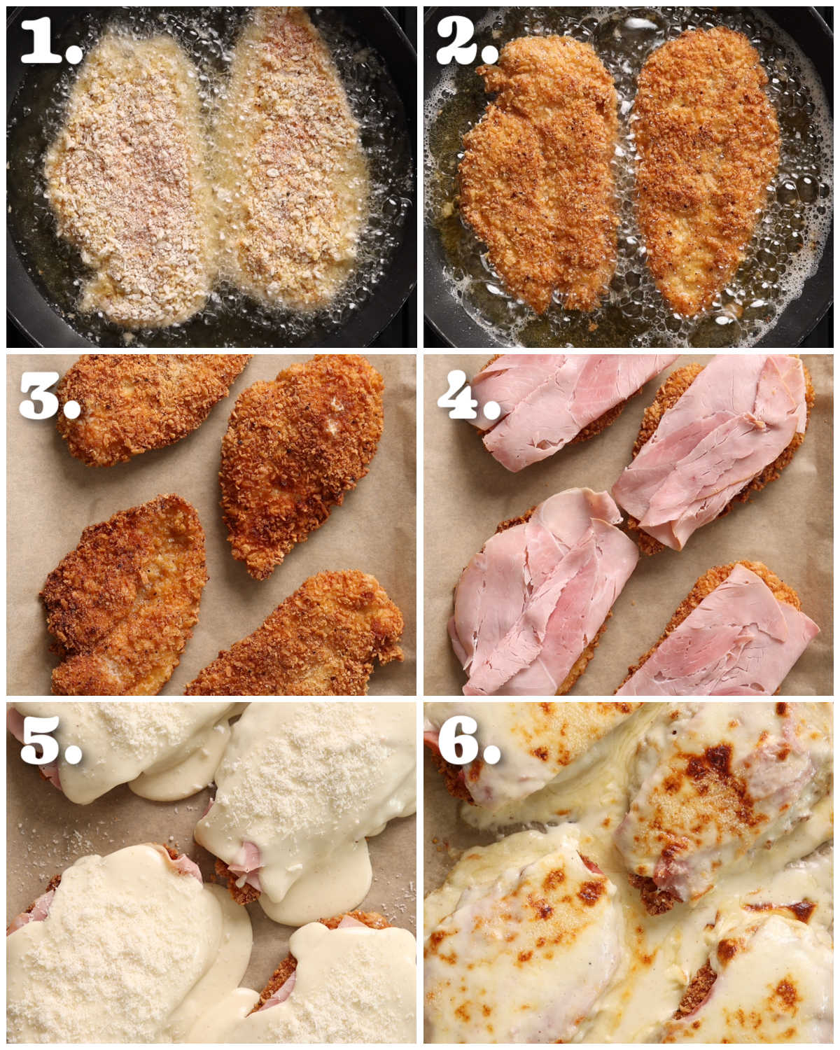 6 step by step photos showing how to make chicken croque monsieur