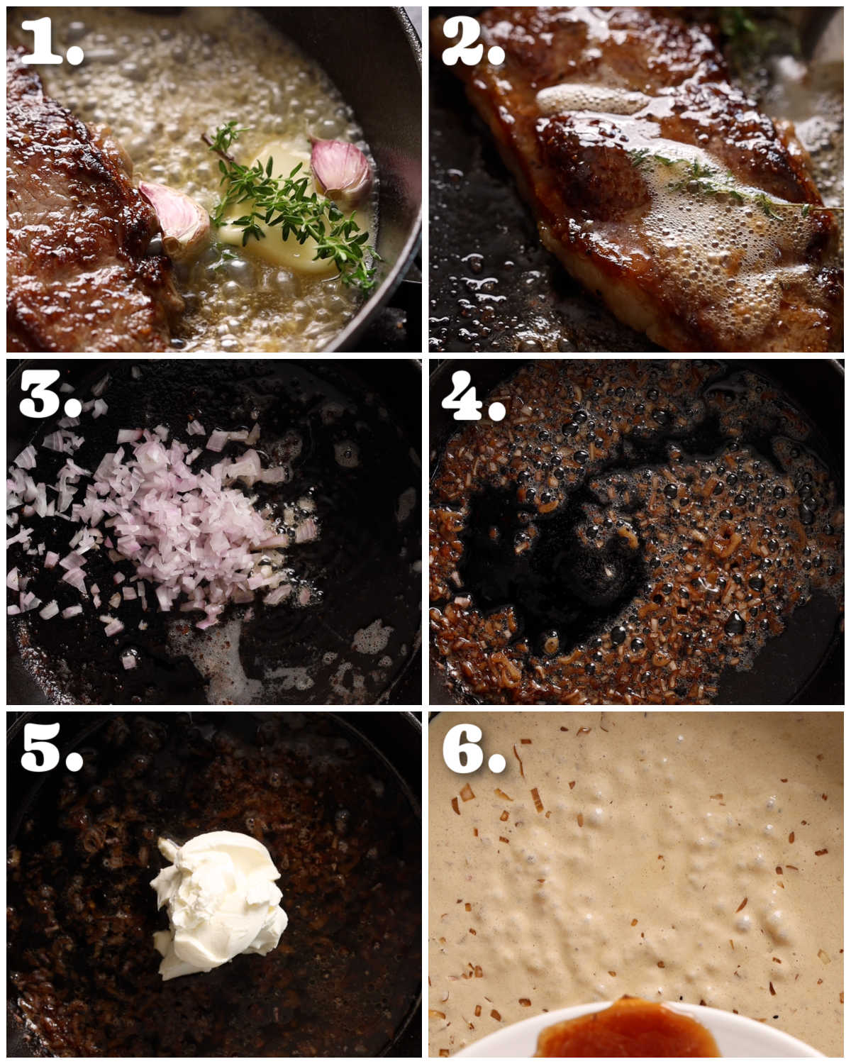 6 step by step photos showing how to make cream cheese steak sauce