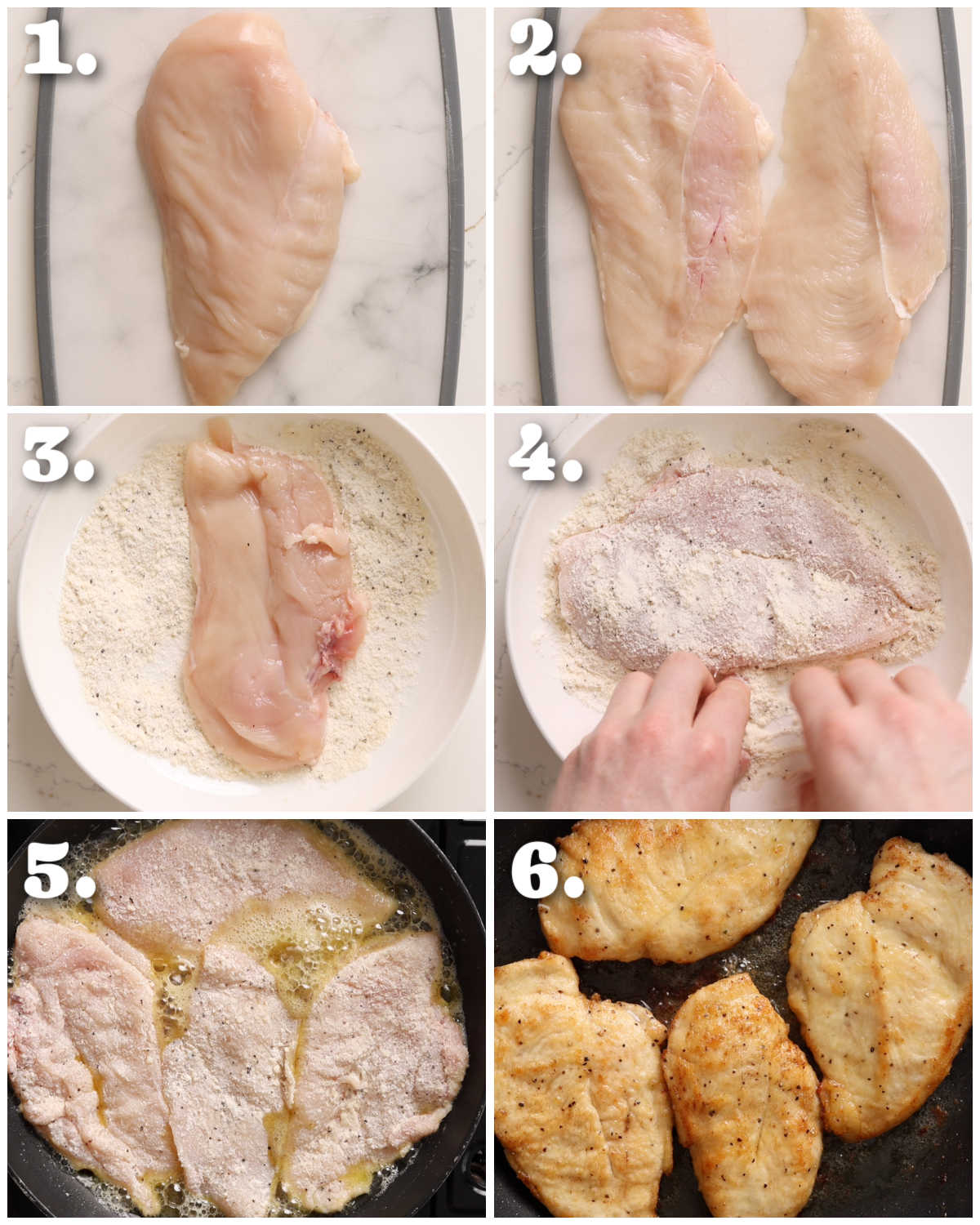 6 step by step photos showing how to make parmesan chicken