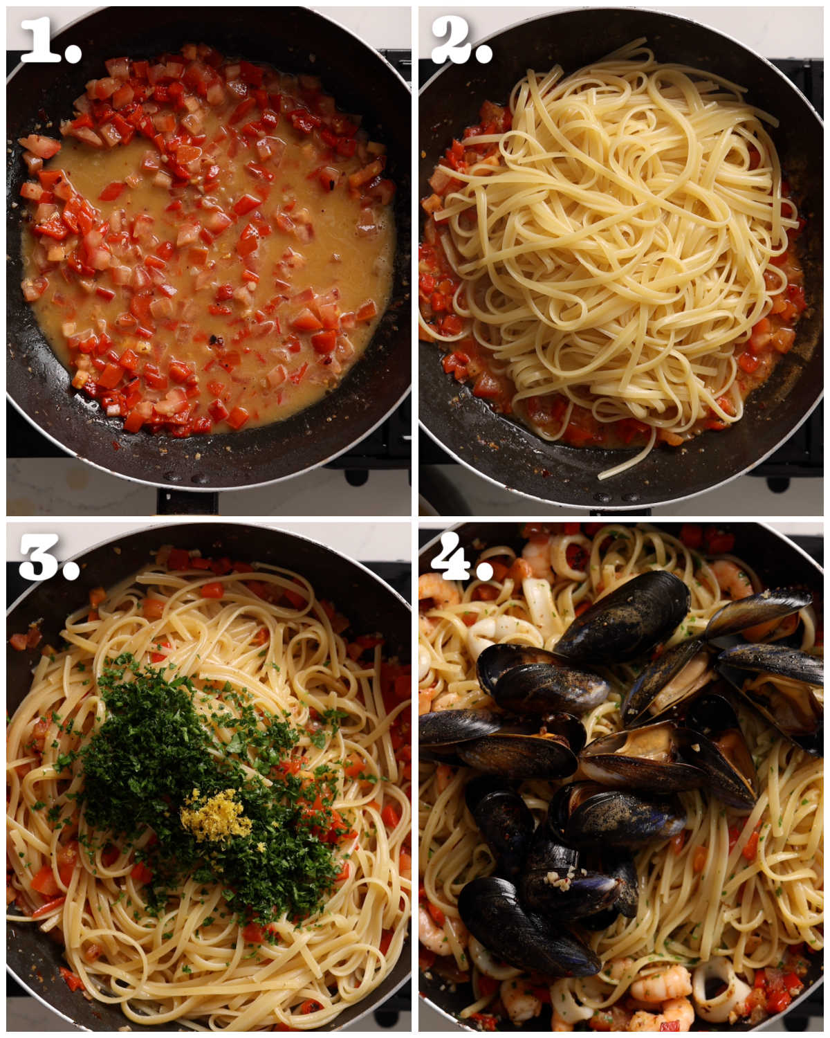 4 step by step photos showing how to make seafood pasta