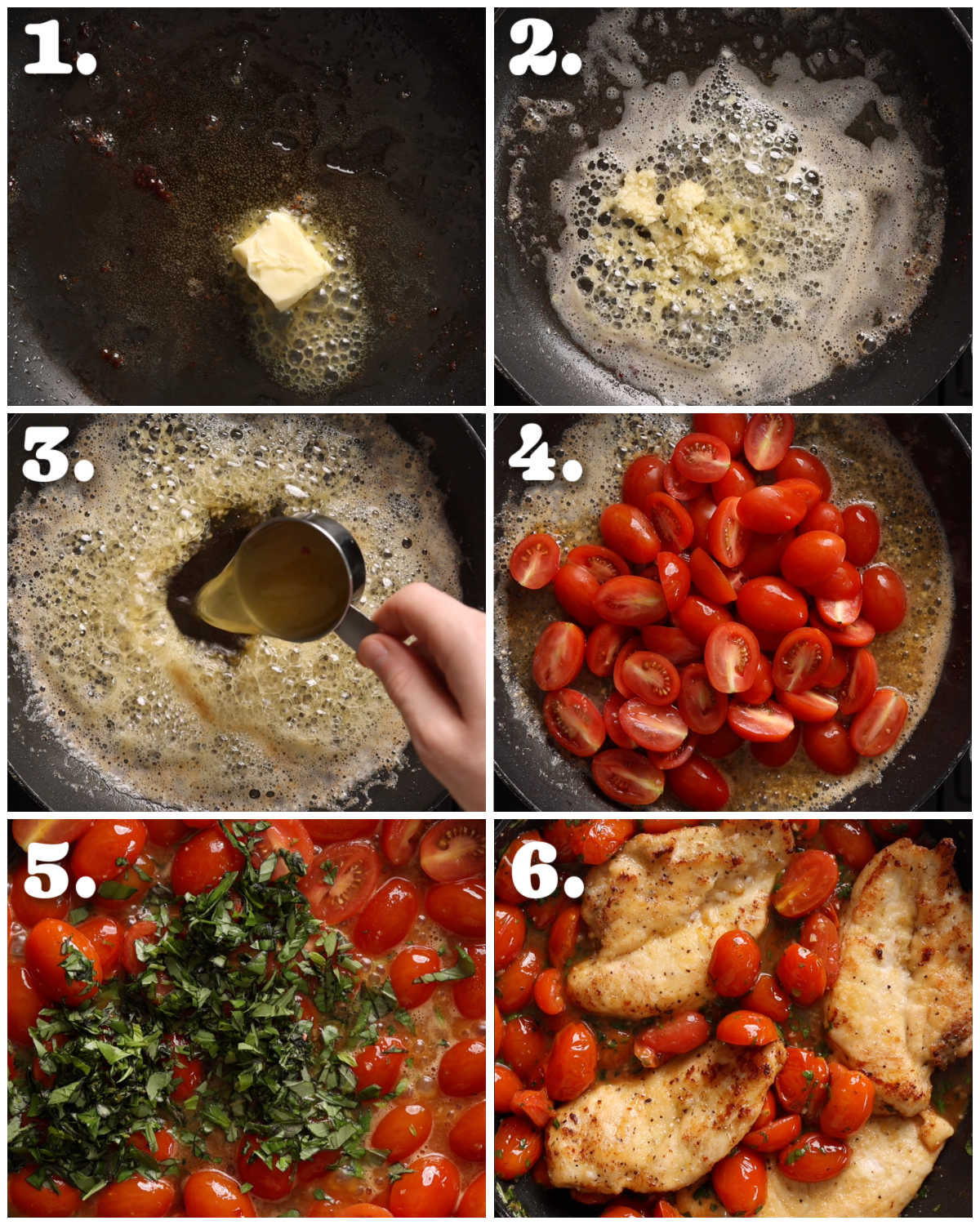 6 step by step photos showing how to make tomato basil chicken
