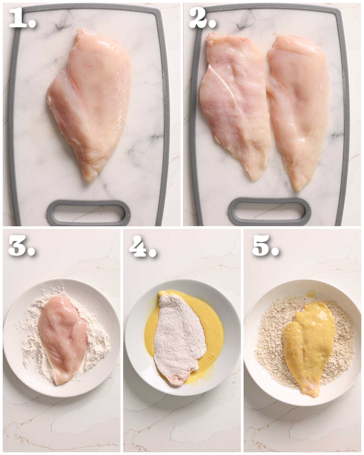 5 step by step photos showing how to prepare chicken cutlets