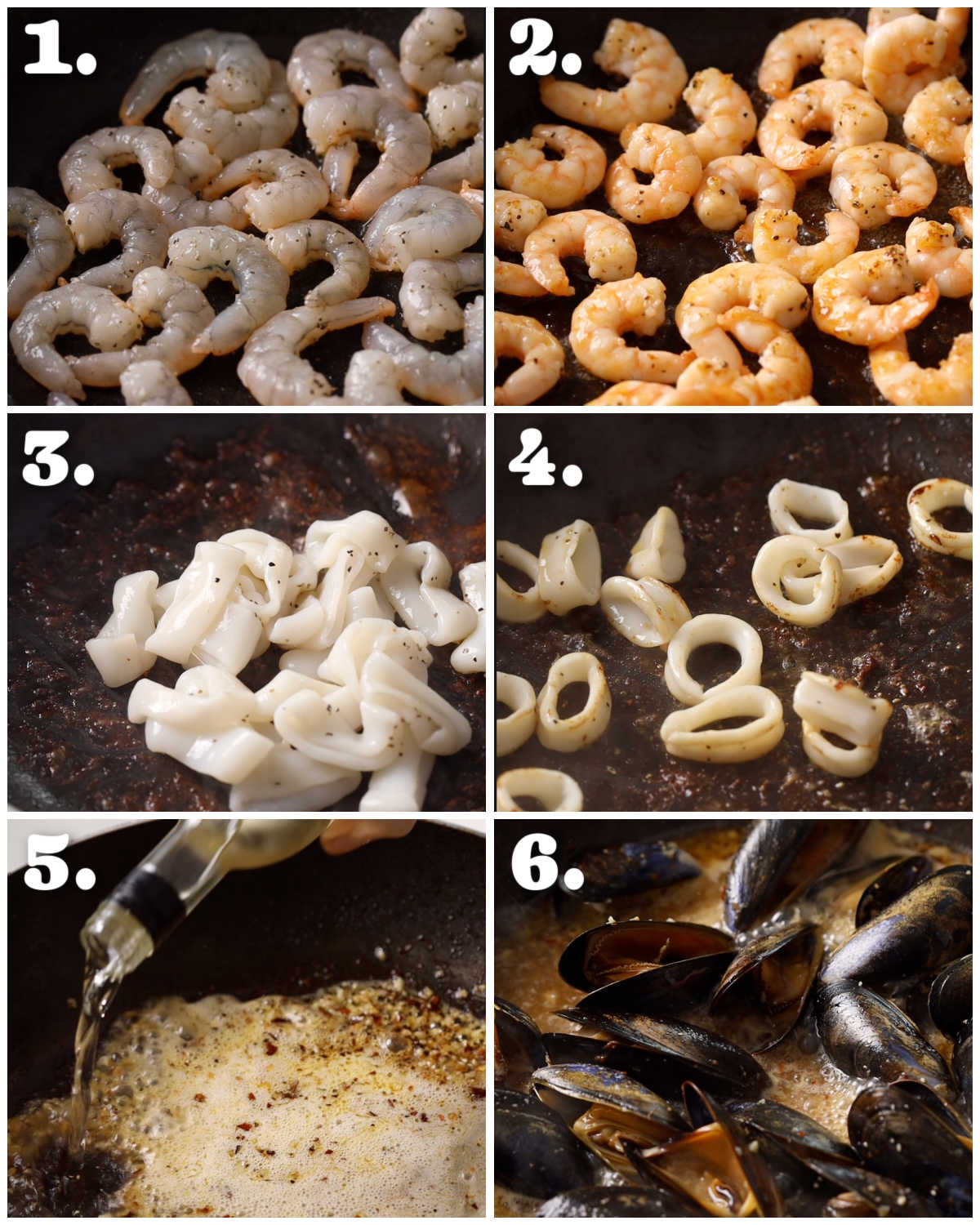 6 step by step photos showing how to prepare seafood pasta