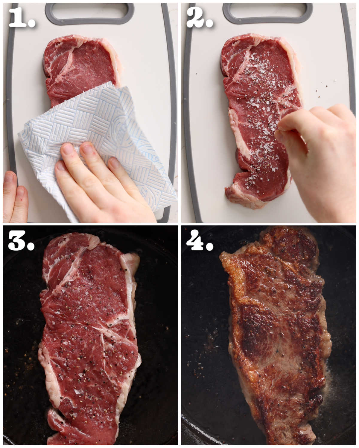 4 step by step photos showing how to prepare steak