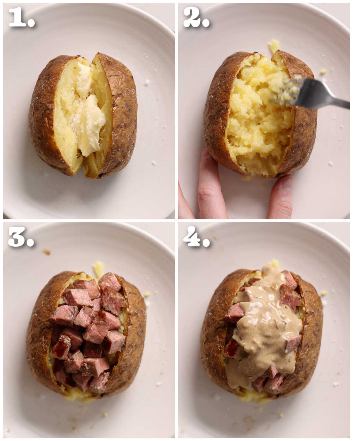 4 step by step photos showing how to serve steak baked potato