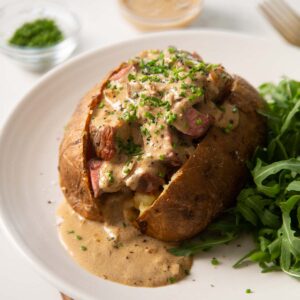 steak baked potato on small white plate with small side salad