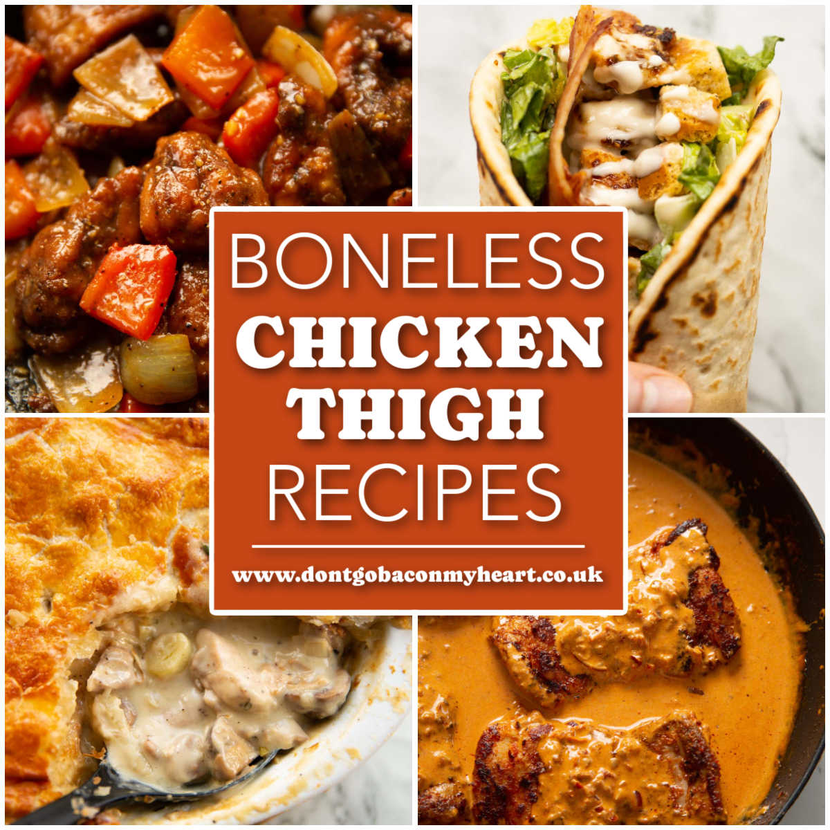 boneless chicken thigh recipes thumbnail collage with text overlay