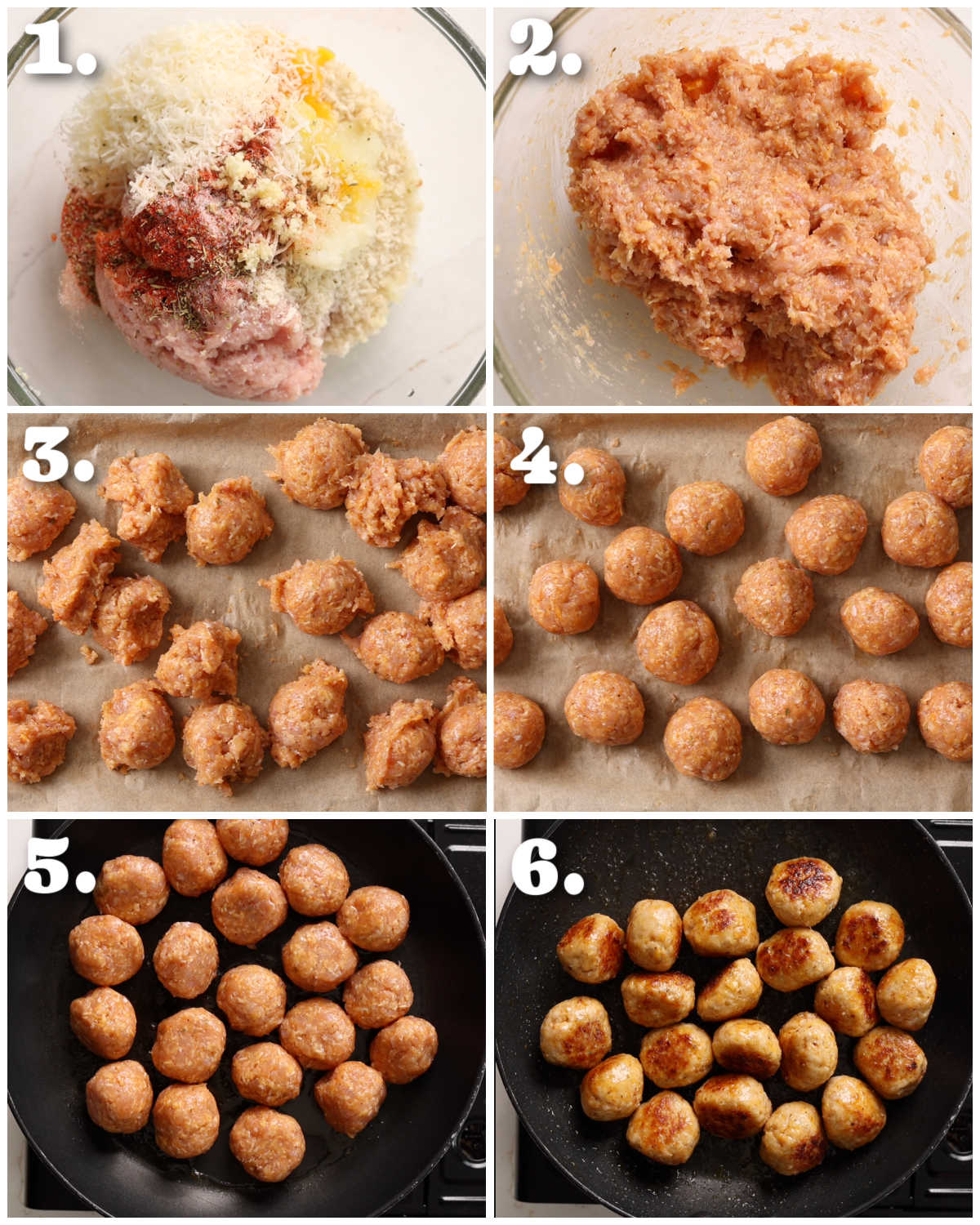 6 photos showing how to make how to make chicken meatballs