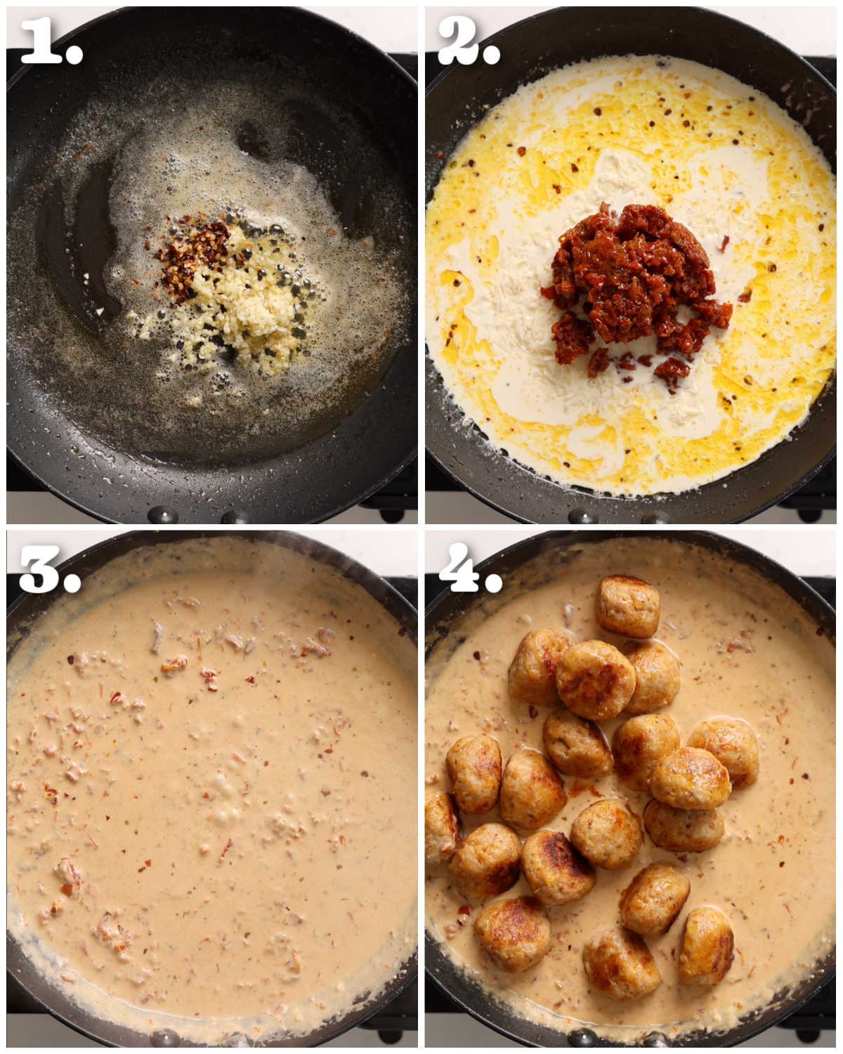 4 step by step photos showing how to make marry me chicken sauce