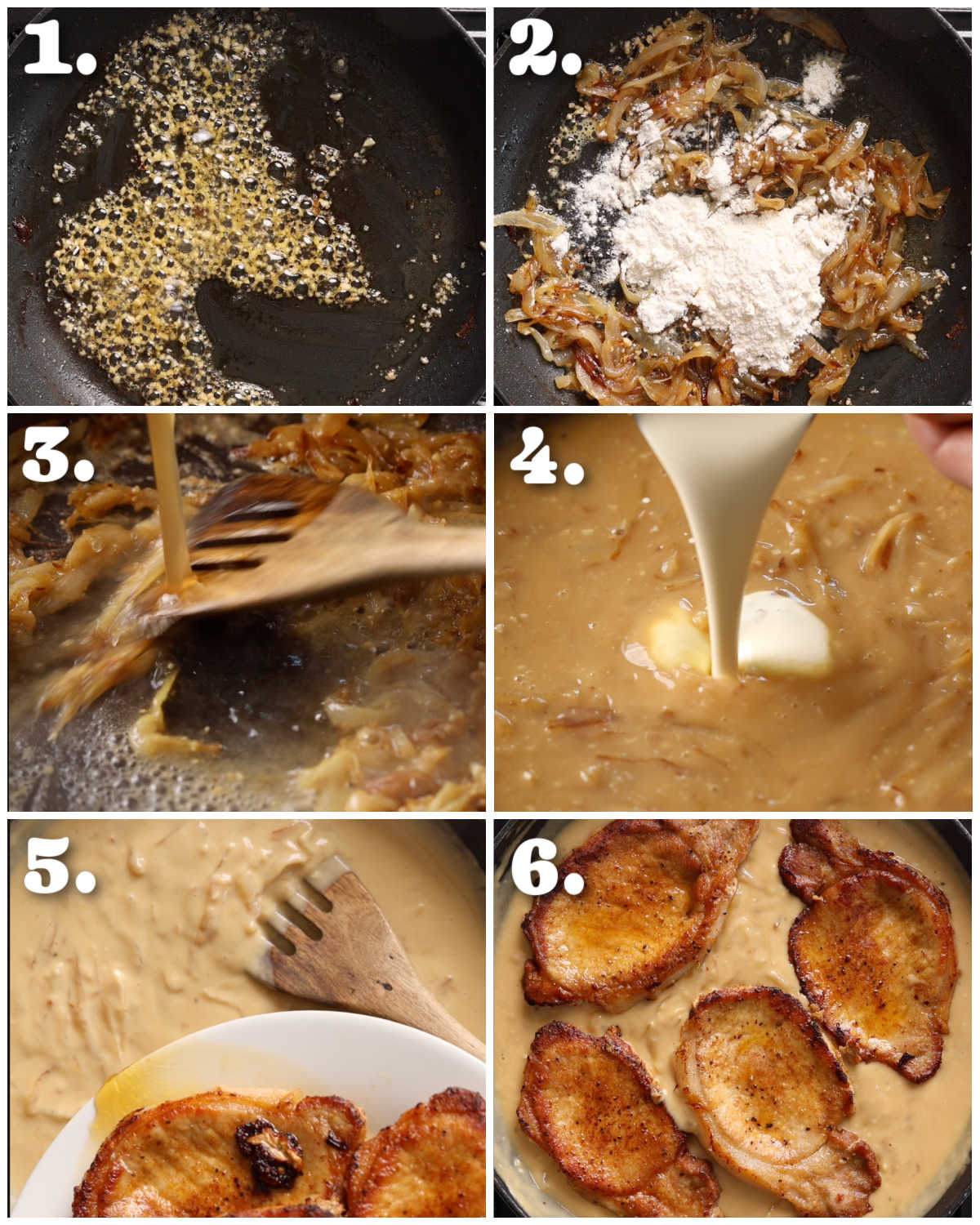 6 step by step photos showing how to make smothered pork chops