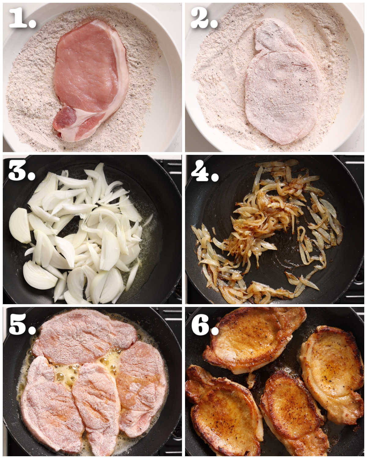 6 step by step photos showing how to prepare smothered pork chops
