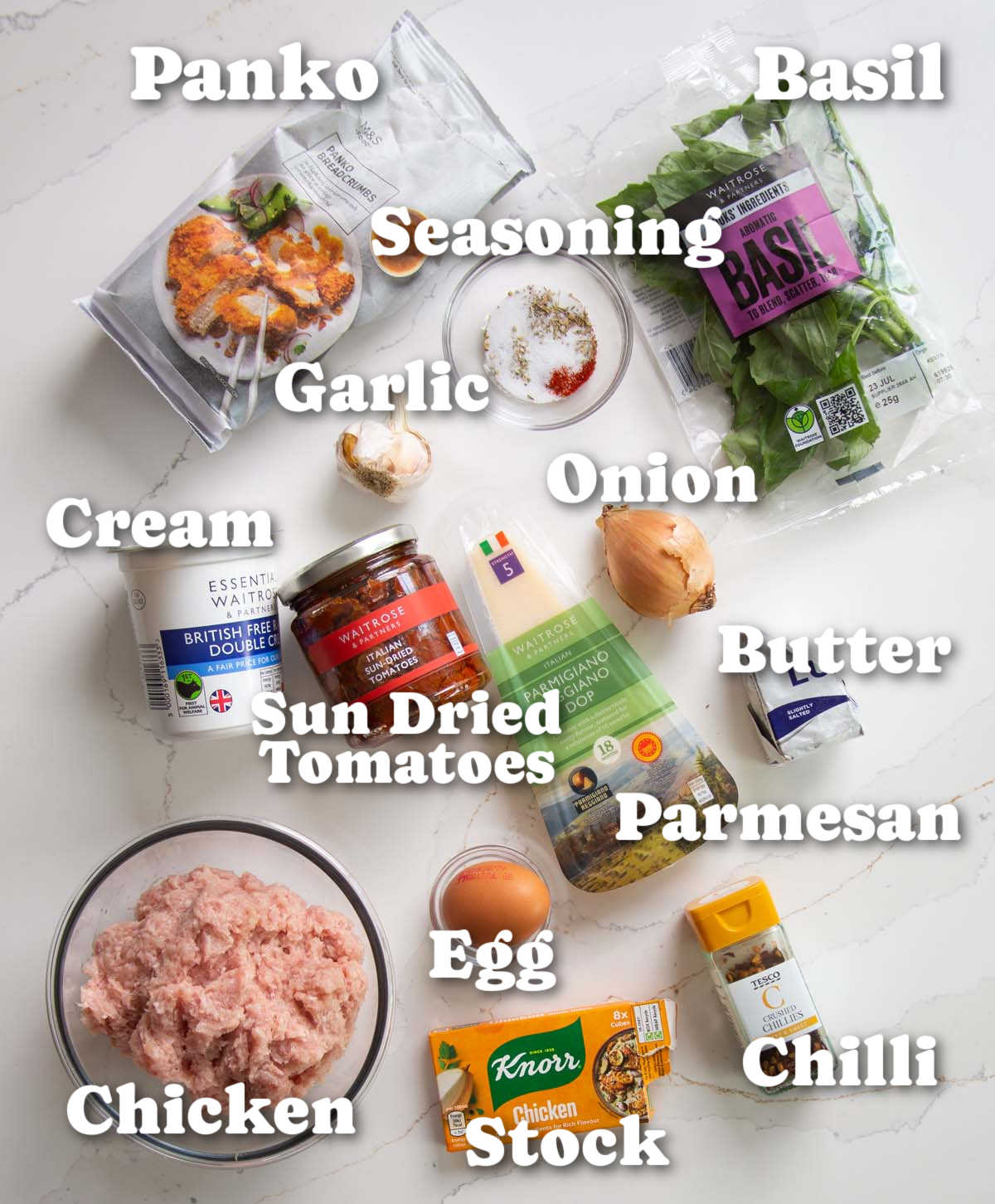 overhead shot of marry me chicken meatballs ingredients with text labels