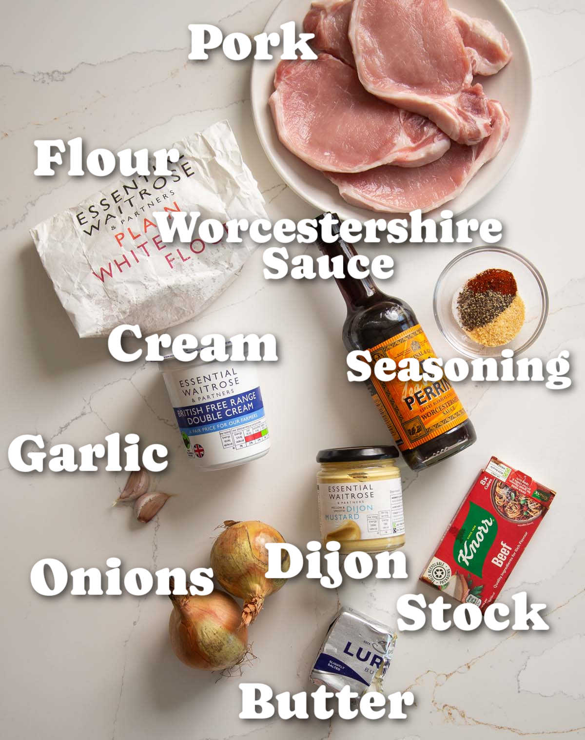 overhead shot of smothered pork chops ingredients with text labels