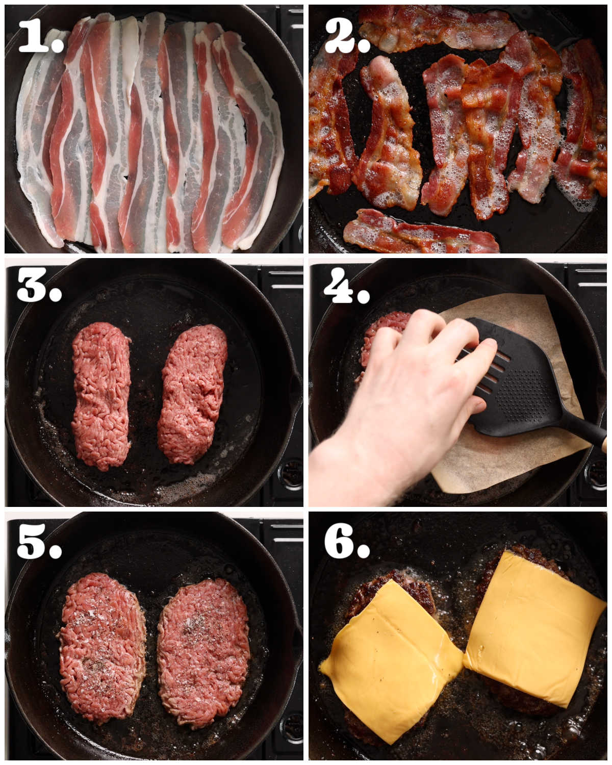 6 step by step photos showing how to make bacon cheese smash burgers