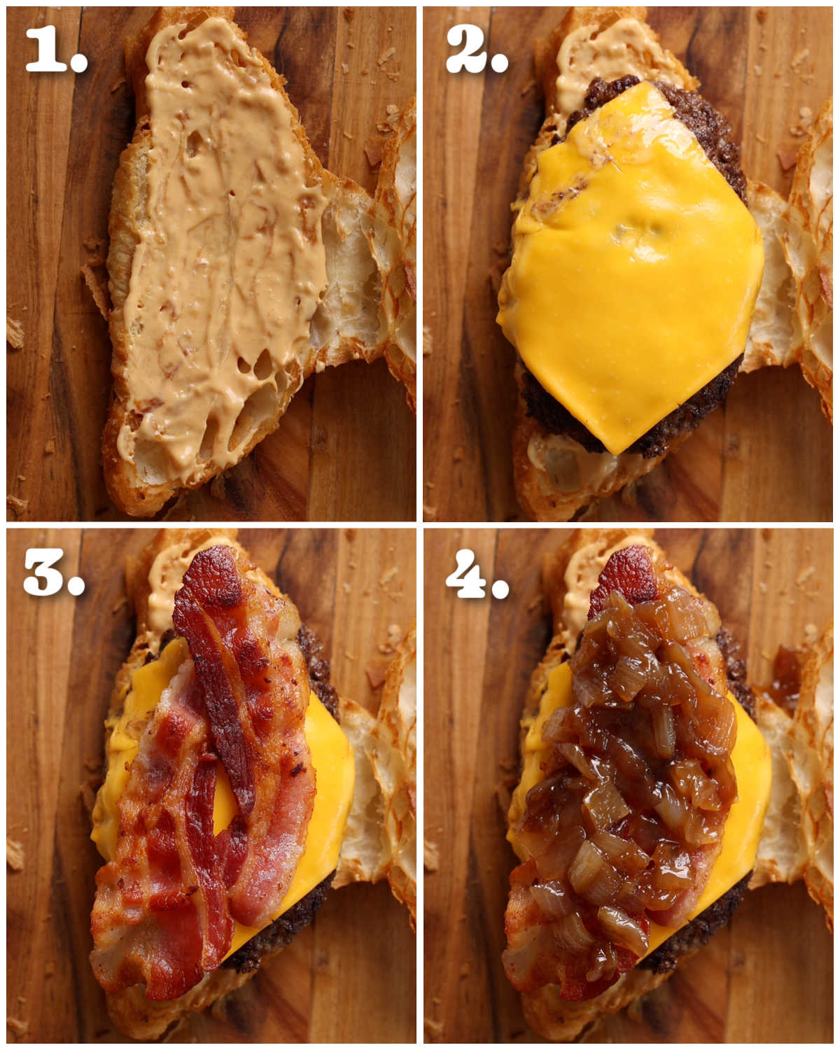 4 step by step photos showing how to make croissant burgers