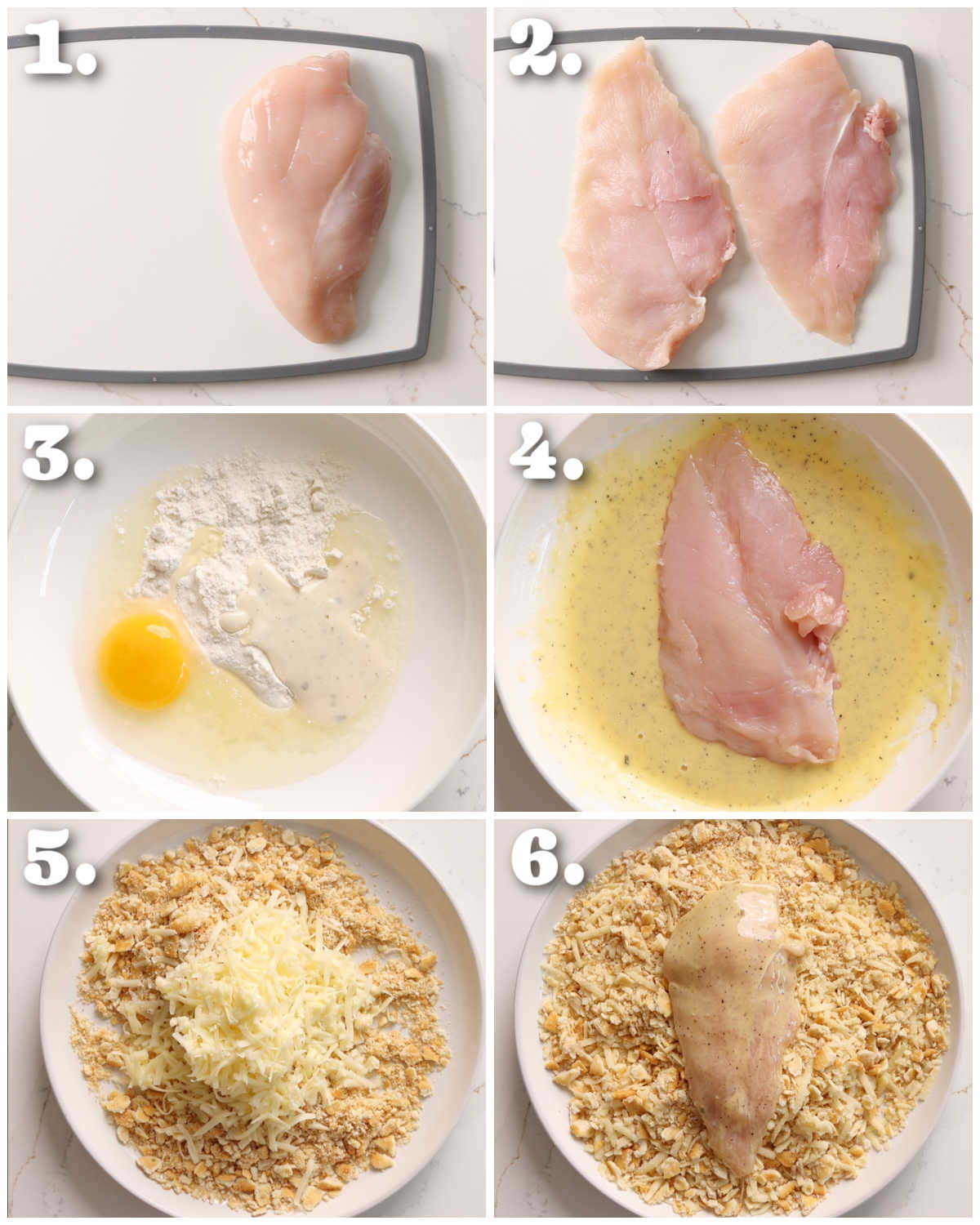 6 step by step photos showing how to prepare ritz cracker chicken