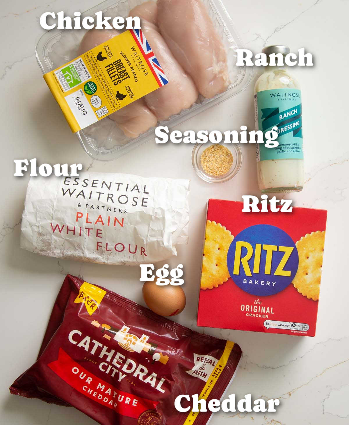 overhead shot of ritz cracker chicken ingredients with text labels