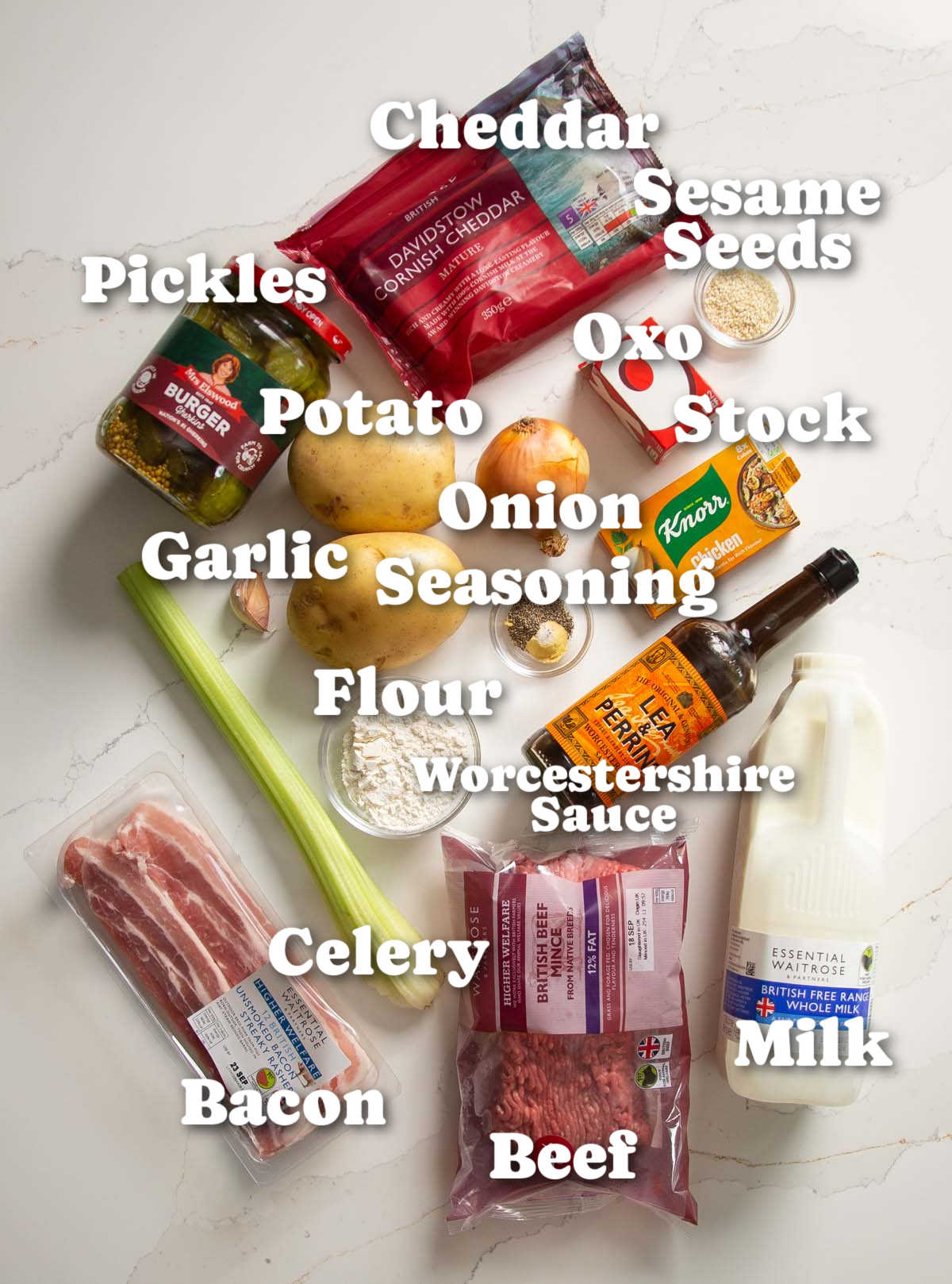 overhead shot of cheeseburger soup ingredients with text labels