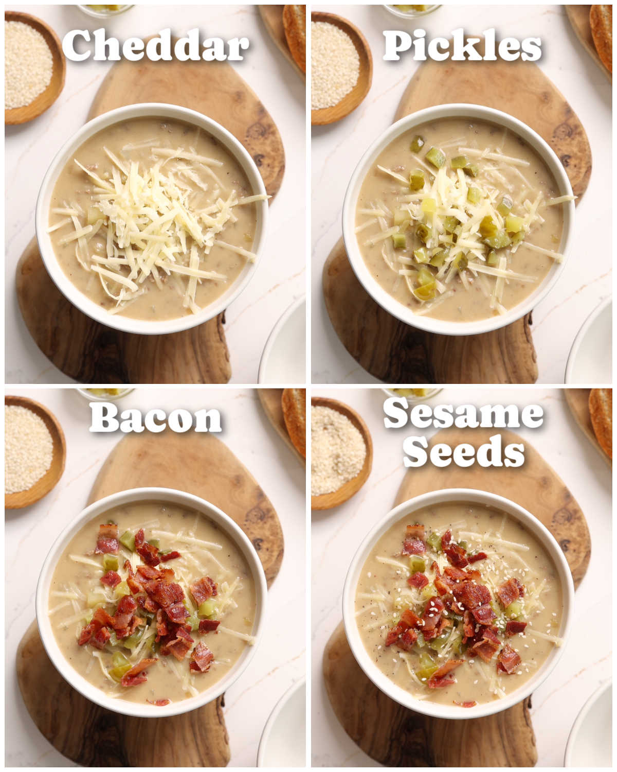 4 step by step photos showing cheeseburger soup toppings
