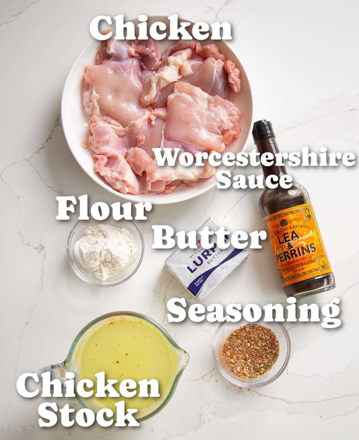 overhead shot of chicken and gravy ingredients with text labels