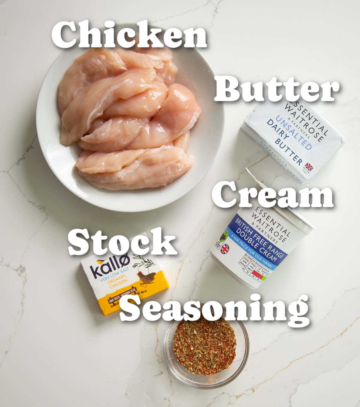 overhead shot of chicken lazone ingredients with text labels