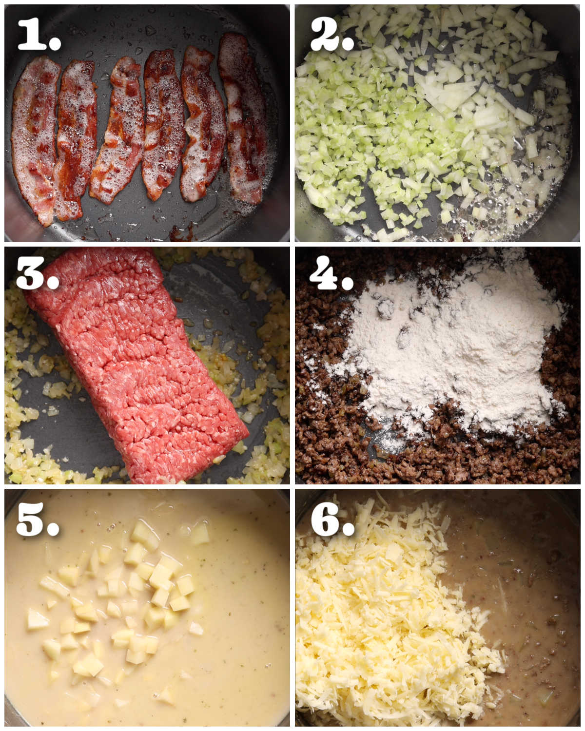 6 step by step photos showing how to make cheeseburger soup