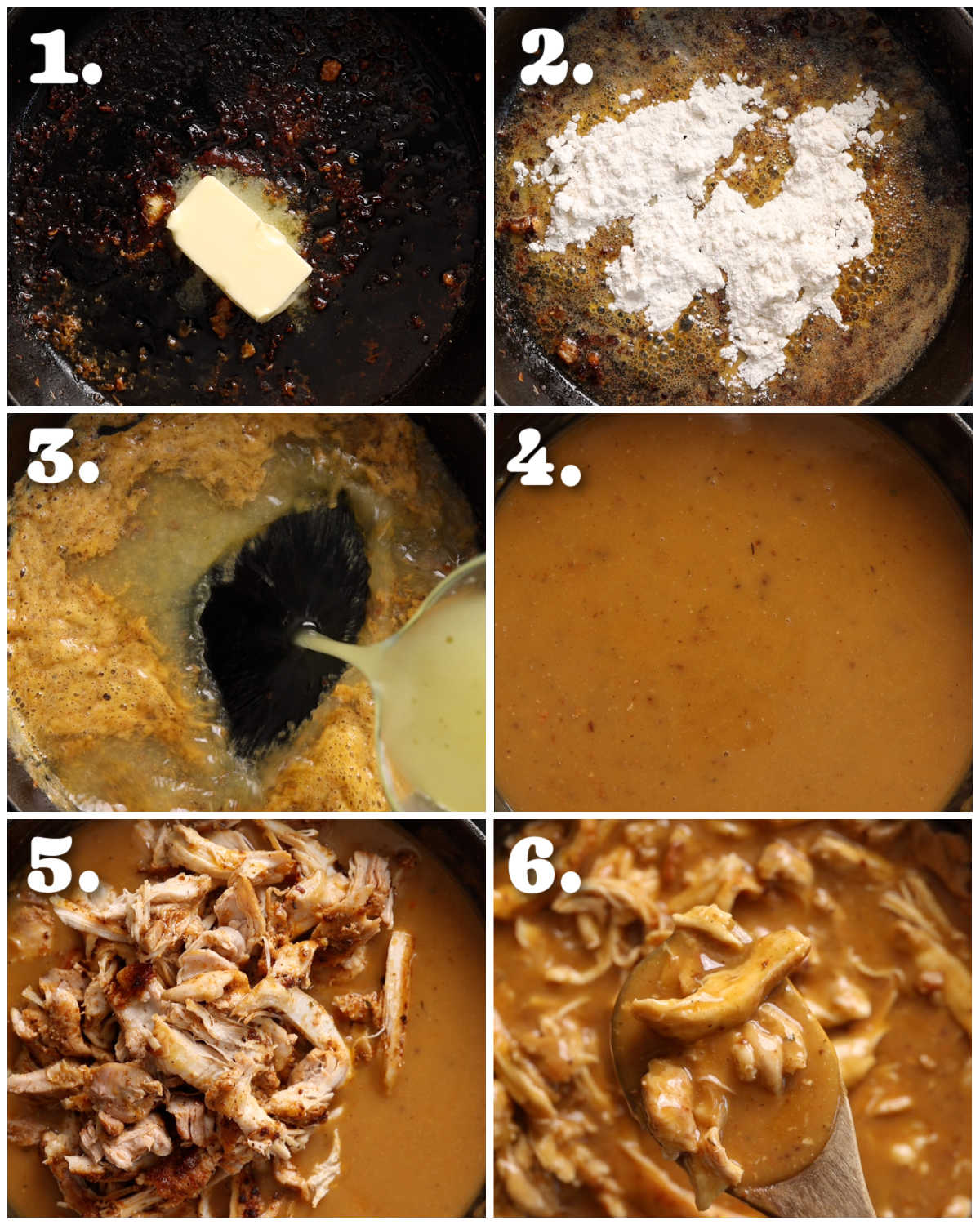 6 step by step photos showing how to make chicken and gravy