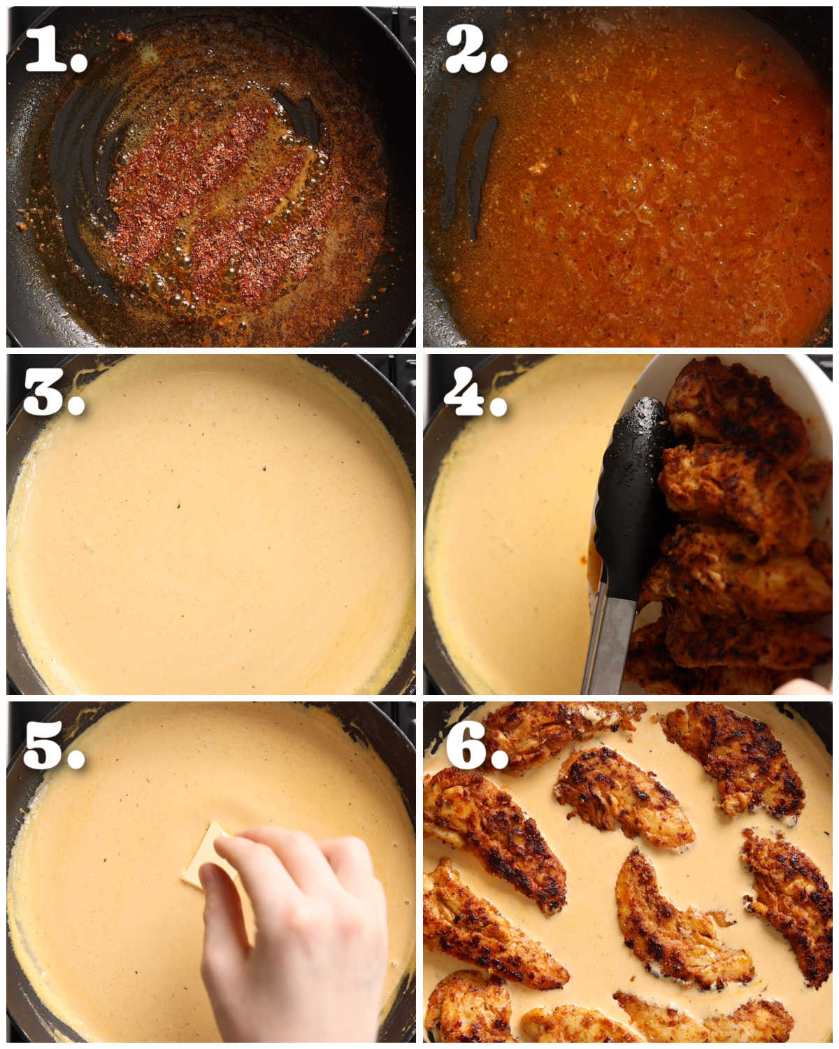 6 step by step photos showing how to make chicken lazone sauce