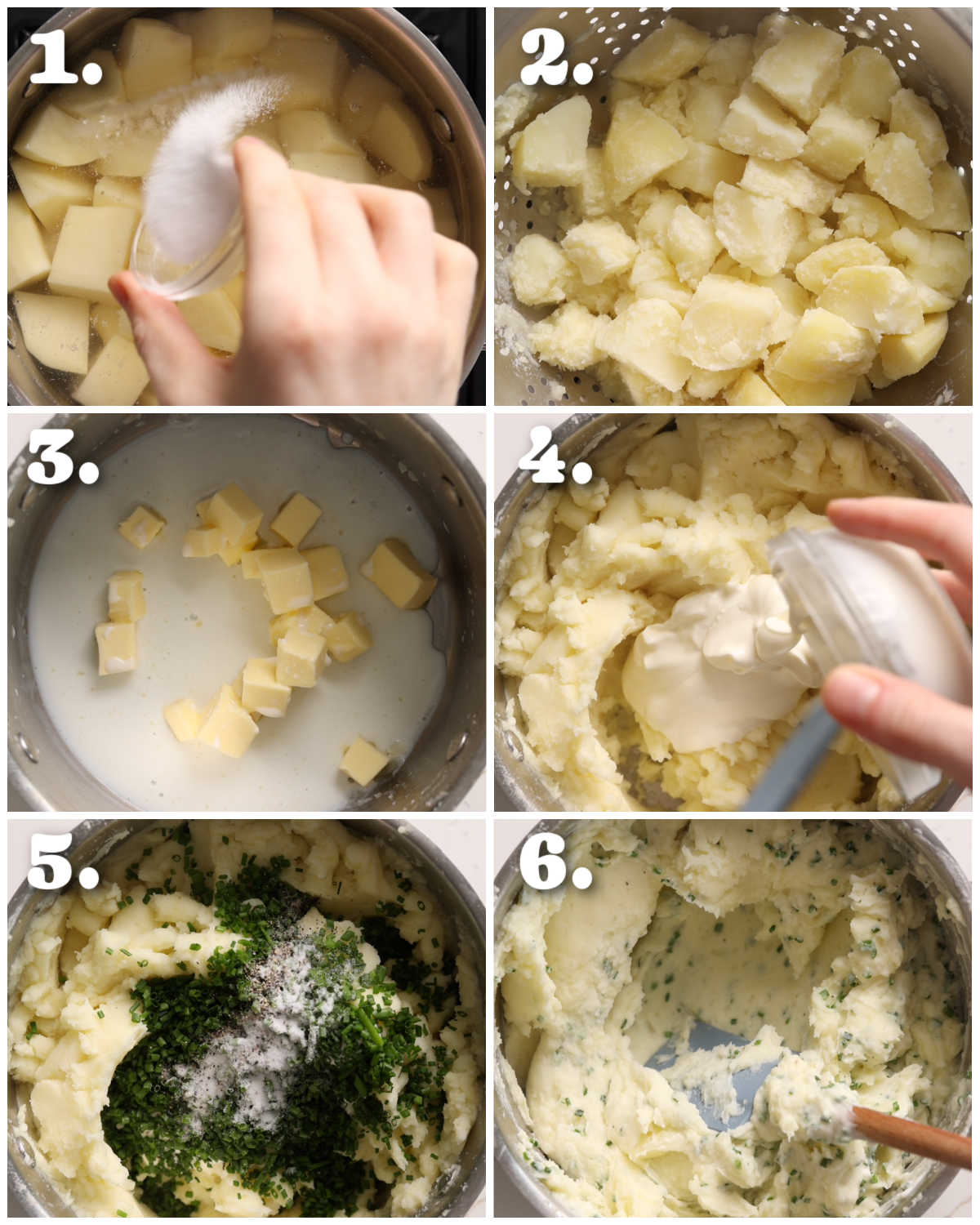 6 step by step photos showing how to make sour cream and chive mashed potatoes